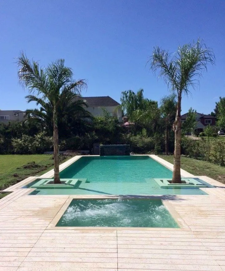 Piscina de Megapools con dos palmeras integradas en el agua, hidromasaje y solárium de piedra